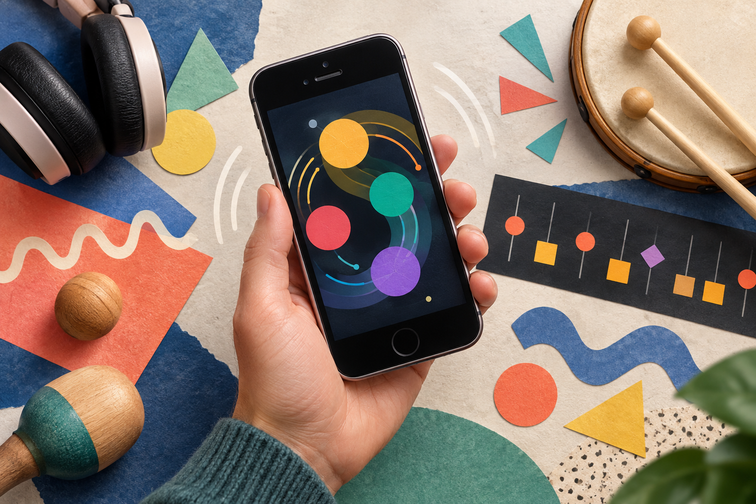 A hand moving an early phone with abstract rhythmic shapes beside drums and headphones.