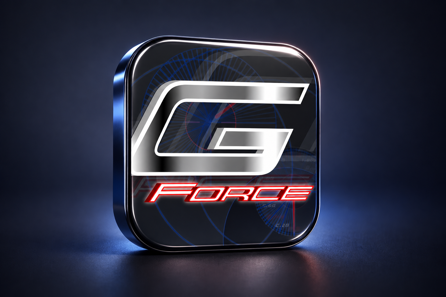 3D illustration of the G FORCE app icon on a dark charcoal blue background.