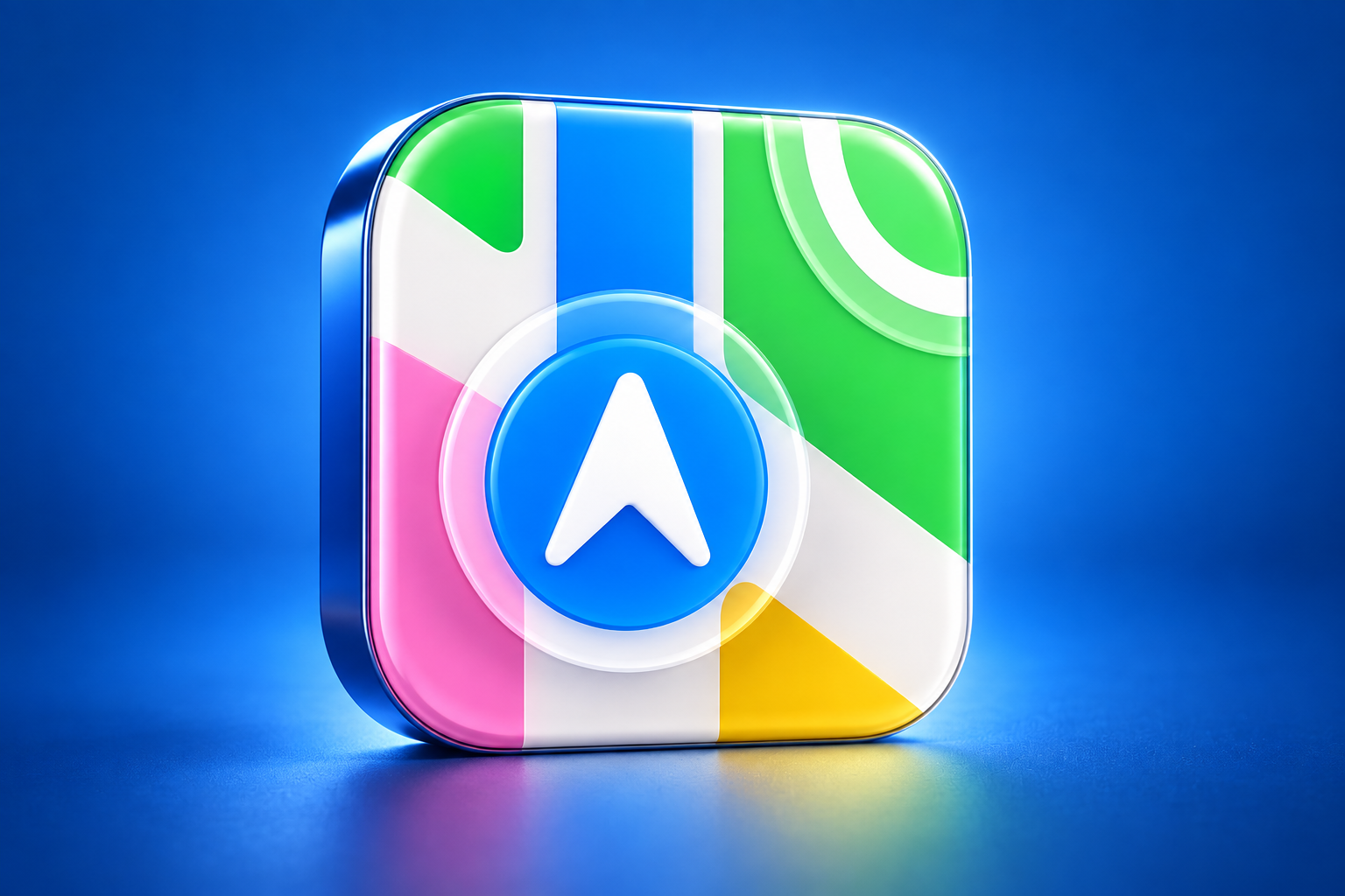 3D illustration of the Apple Maps app icon on a colored background.