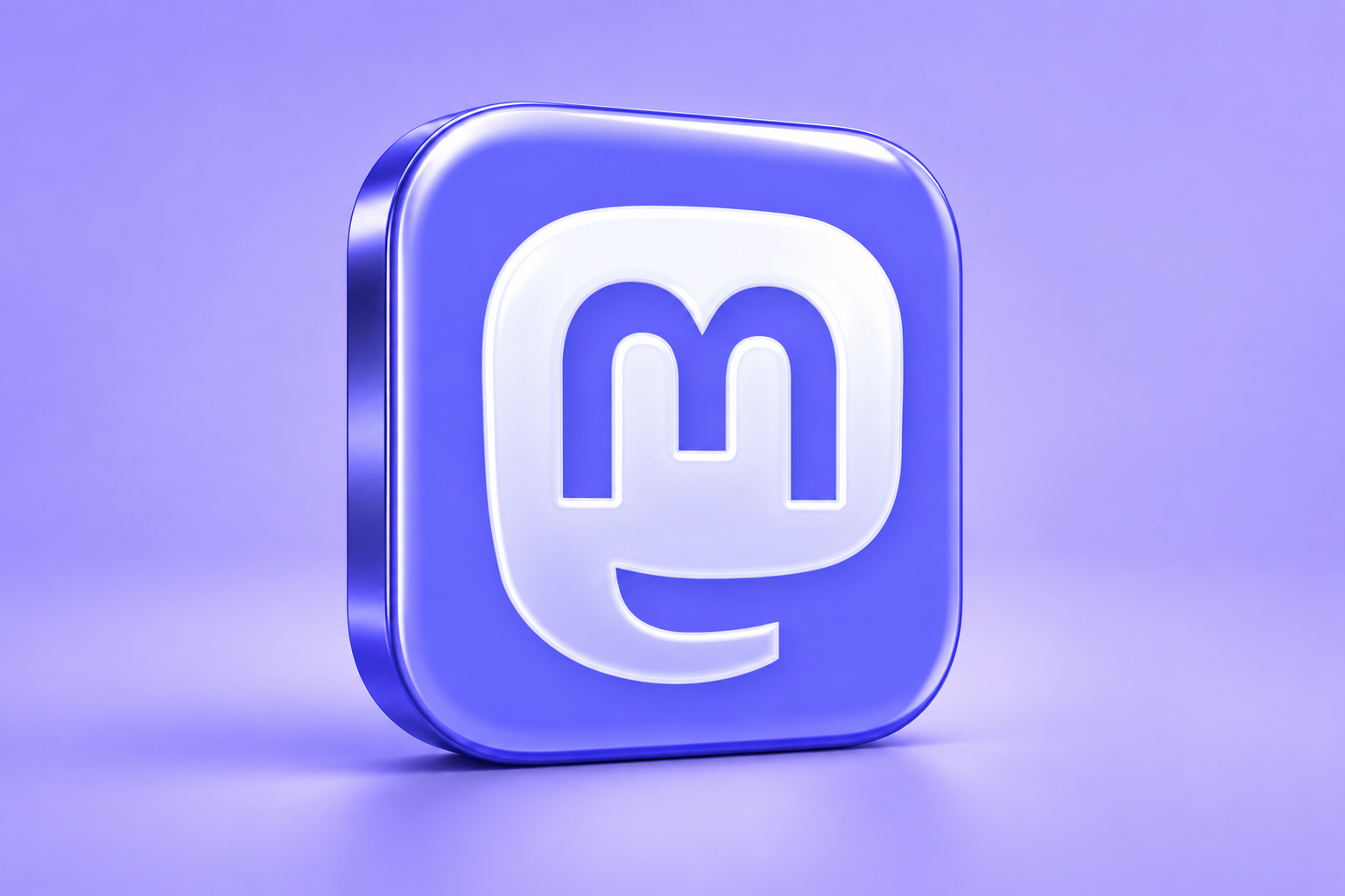 3D illustration of the Mastodon app icon on a soft lavender background.