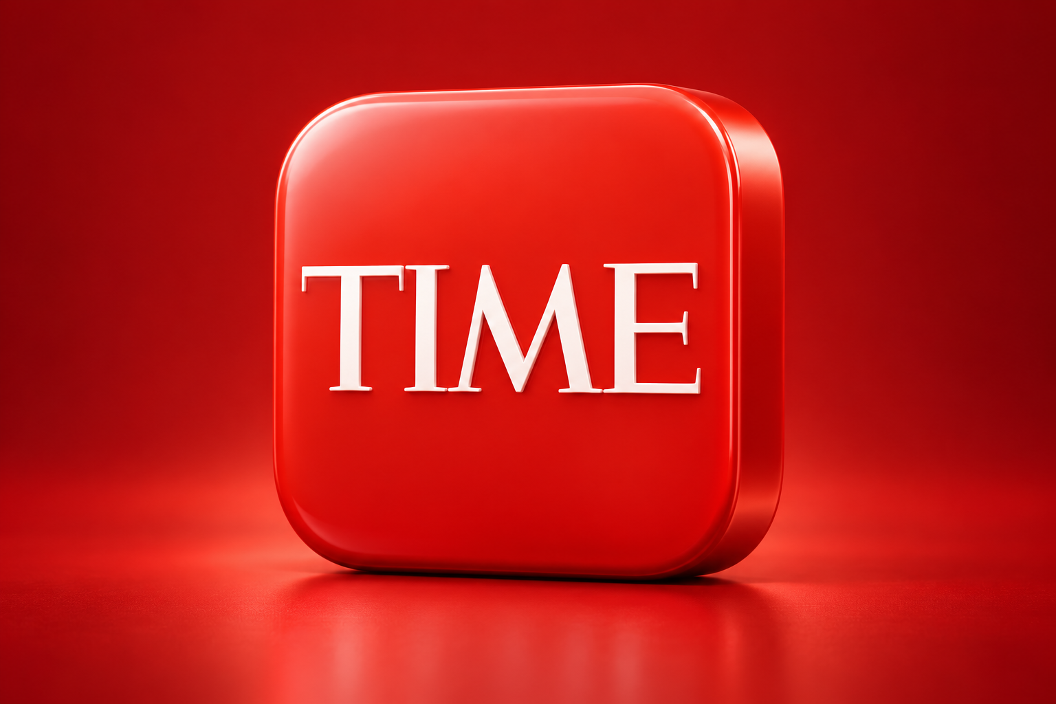 Editorial 3D illustration of the TIME Magazine app icon on a colored background; not an app screenshot.