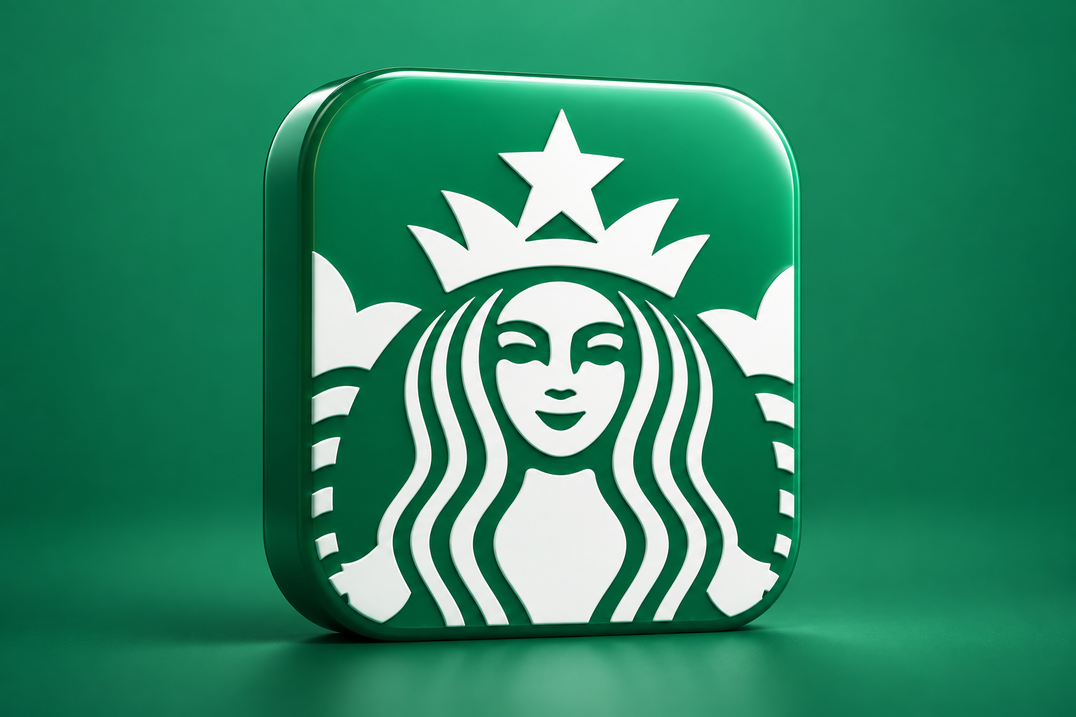 Editorial 3D illustration of the Starbucks app icon on a colored background; not an app screenshot.