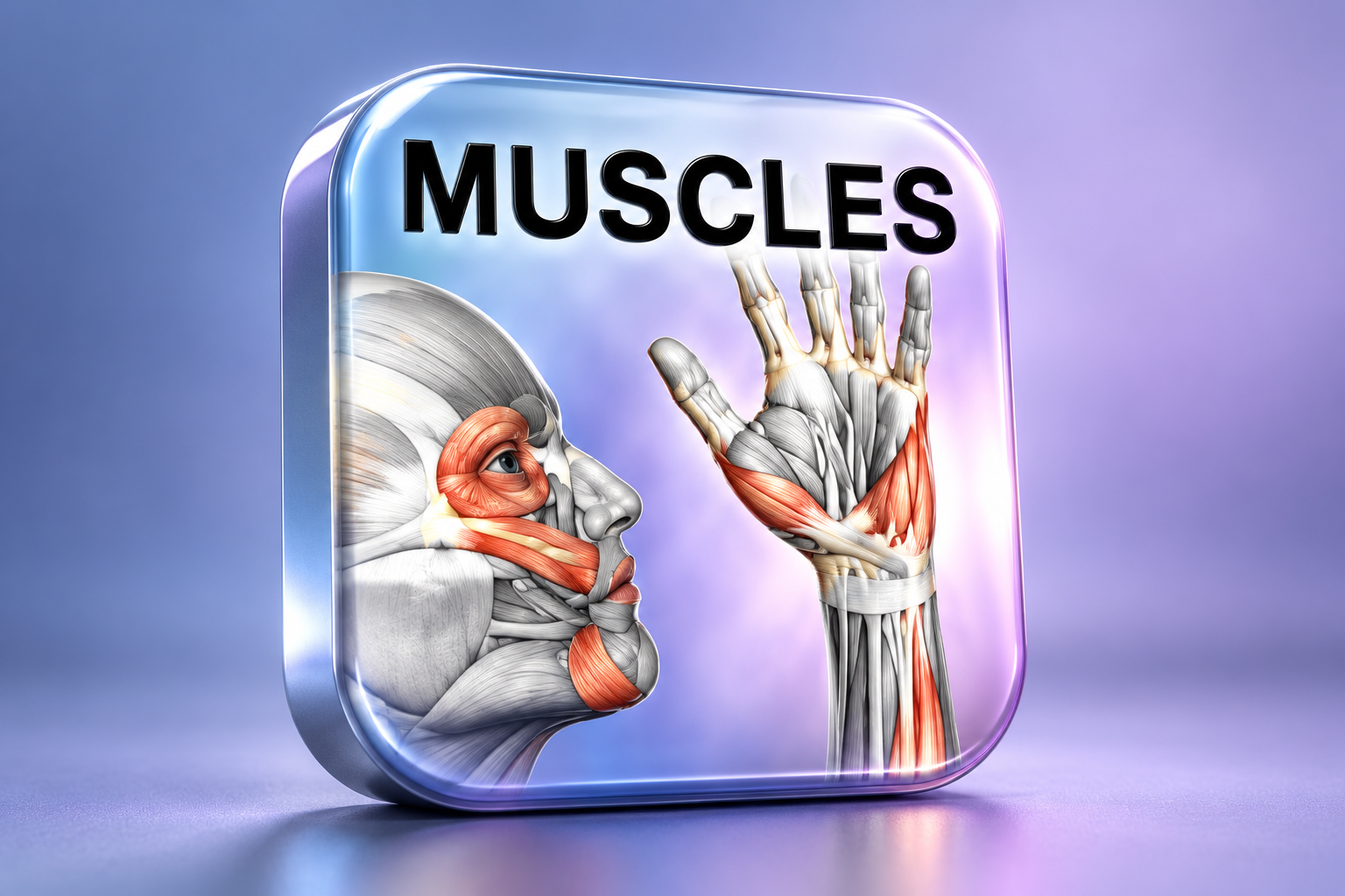 Editorial 3D illustration of the Learn Muscles: Anatomy app icon on a colored background; not an app screenshot.