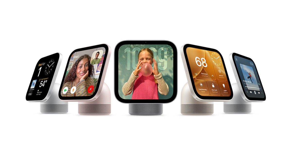Five Apple HomeView displays showing weather, FaceTime, photos, home controls and music