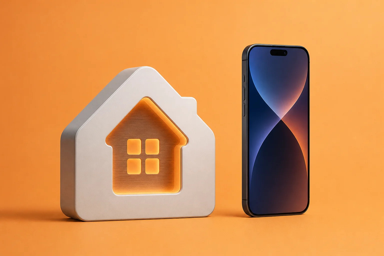 Editorial illustration of a sleek smart home hub silhouette beside an iPhone, rendered in a premium studio style.