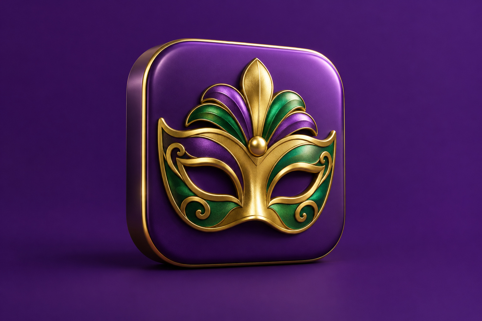 Editorial 3D illustration of a purple, green and gold Mardi Gras mask on an app tile; not the original app logo.