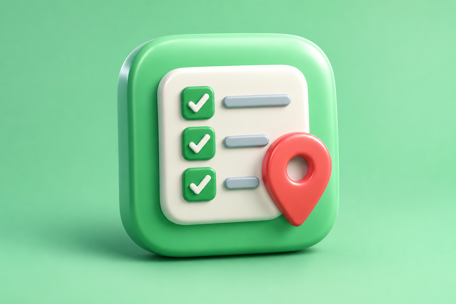 Contextual 3D editorial illustration for Errand Tracker: shared shopping lists organized around places; not an official app logo or screenshot.