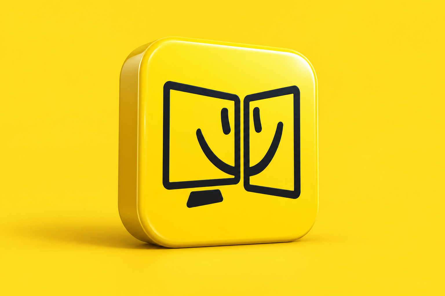 3D editorial render of the verified catalog icon for iDisplay on a mustard yellow background; the icon may postdate the historical article.