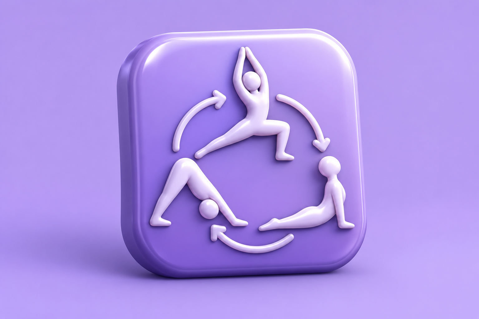 Contextual 3D editorial illustration for iPump Yoga: guided flows and a session log on early iPhone; not an official app logo or screenshot.