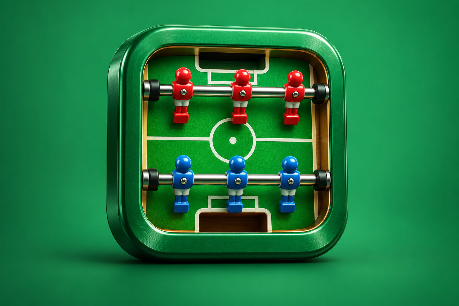 Contextual 3D editorial illustration representing table football for TSoccer HD on iPad on a emerald green background; not an official app logo or screenshot.