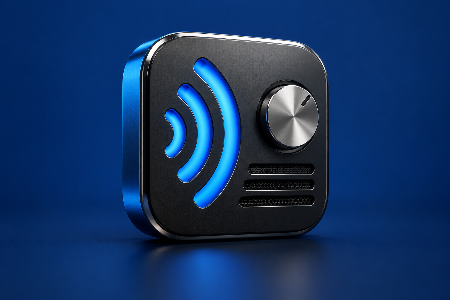 A sculpted 3D radio-scanner app tile on a blue background; editorial illustration of the historical 5-0 Radio Pro app.