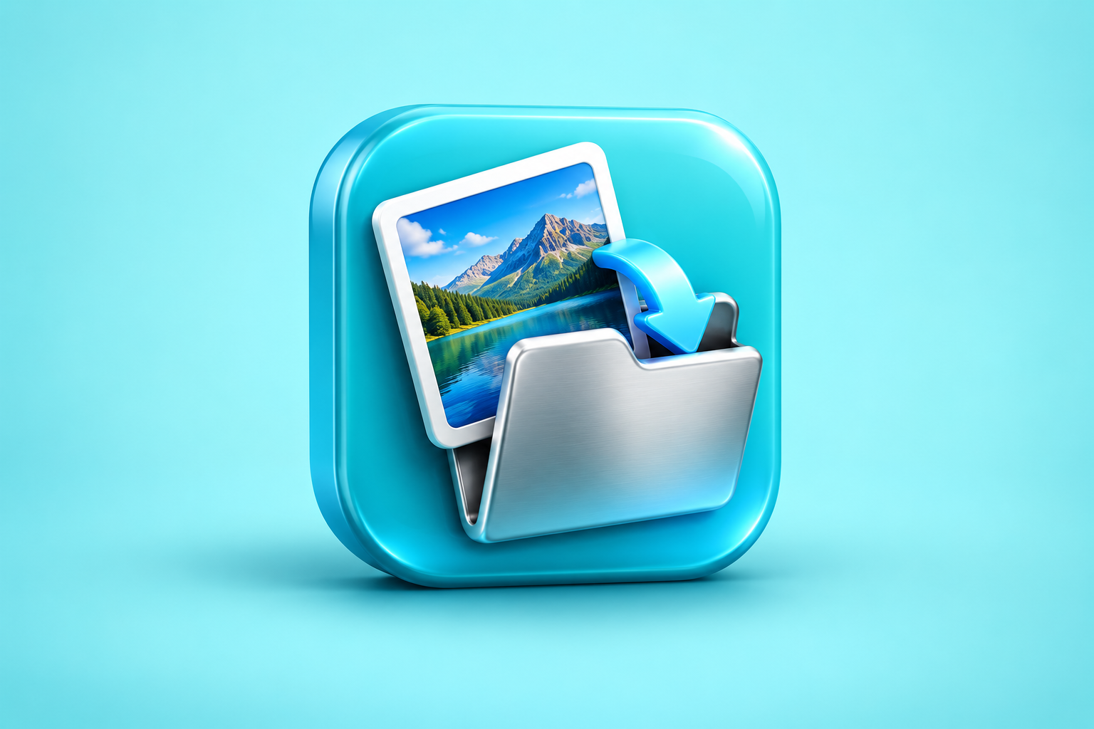 Contextual 3D editorial illustration representing photo transfer for PhotoToMac on a soft aqua background; not an official app logo or screenshot.