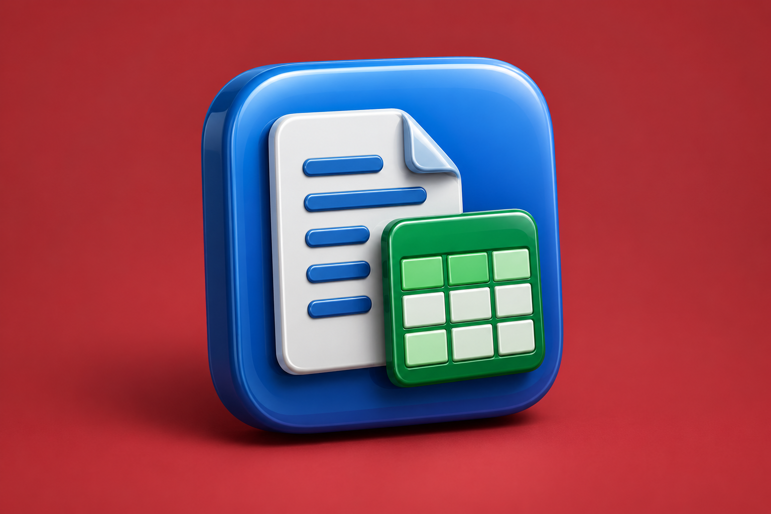 Contextual 3D editorial illustration for Quickoffice Mobile Office Suite: Word, Excel and file transfer on early iPhone; not an official app logo or screenshot.