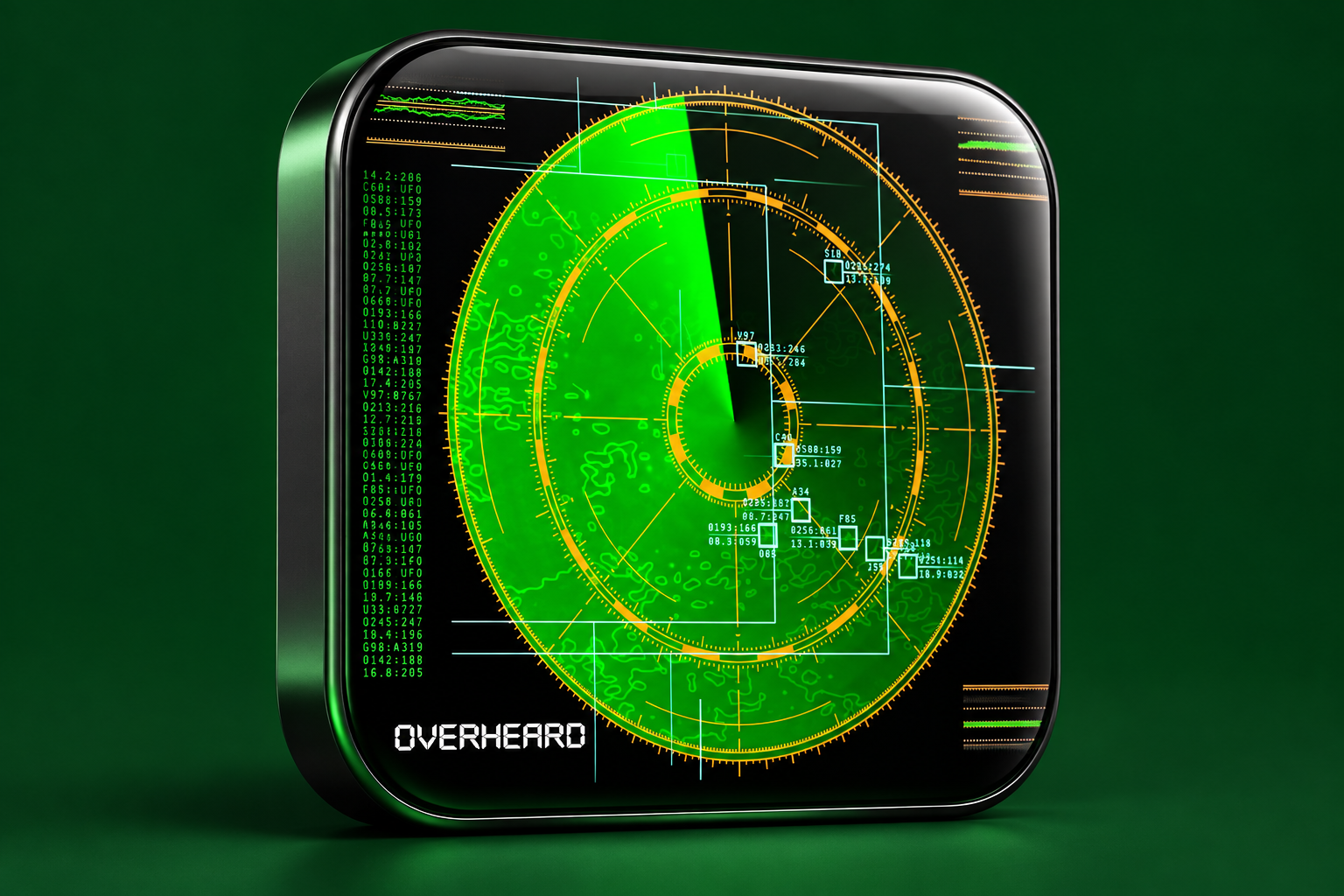 3D editorial render of the verified catalog icon for Overheard on a deep forest green background; the icon may postdate the historical article.