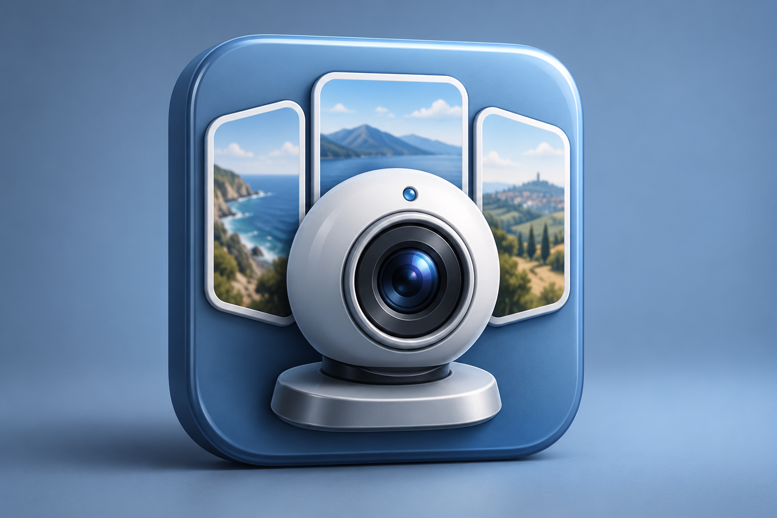 Contextual 3D editorial illustration for iSpyCams: public views and personal cameras in one early iPhone app; not an official app logo or screenshot.
