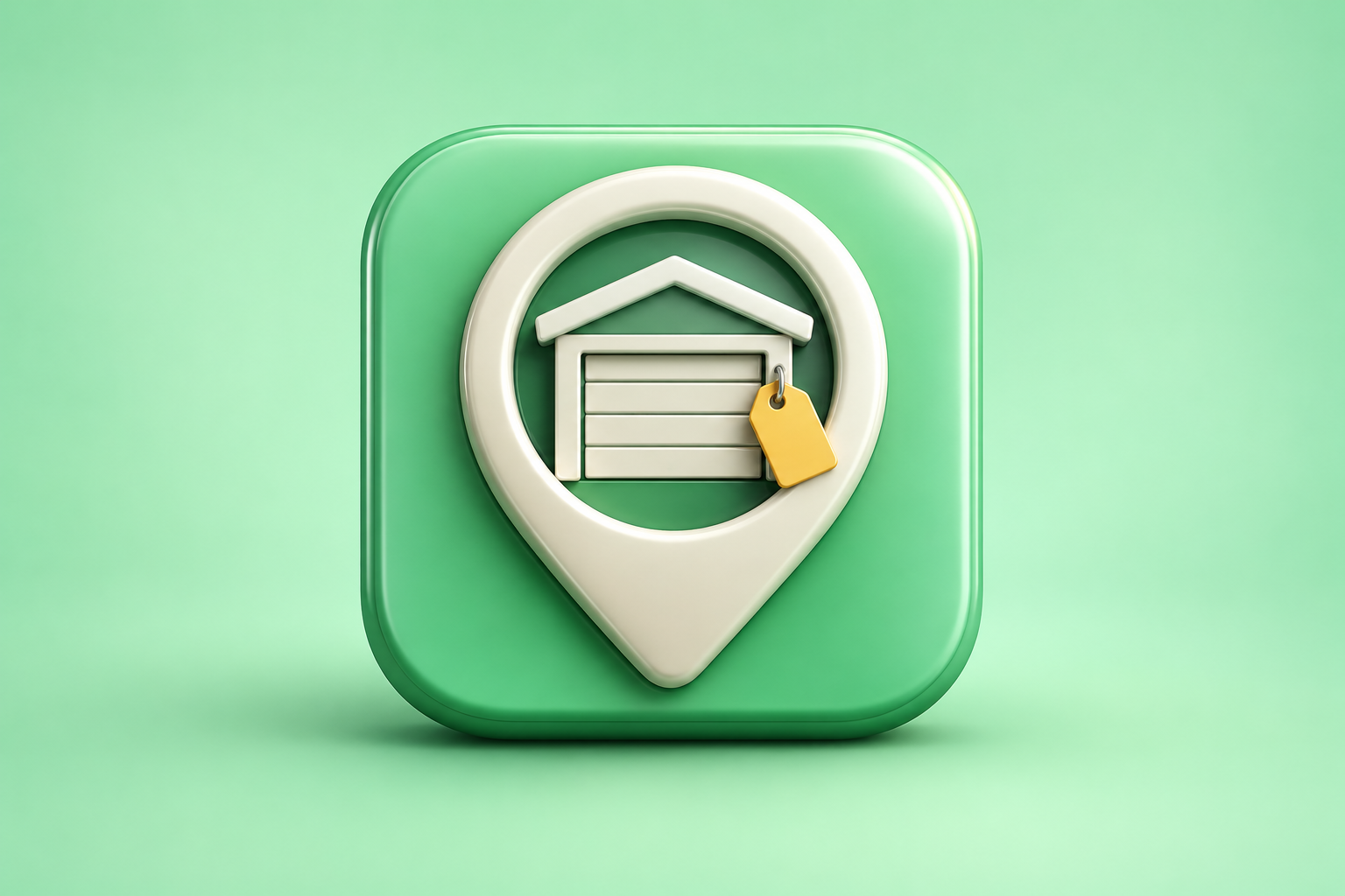 Contextual 3D editorial illustration representing local garage sale discovery for iGarageSale on a soft mint green background; not an official app logo or screenshot.