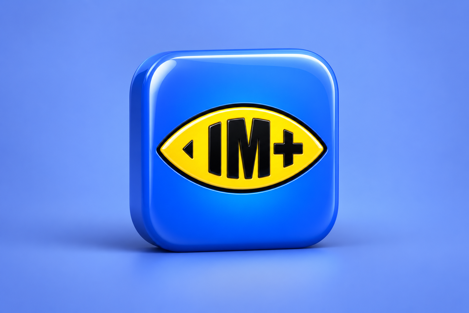 Generated 3D interpretation of the verified historical IM+ logo on a blue background.