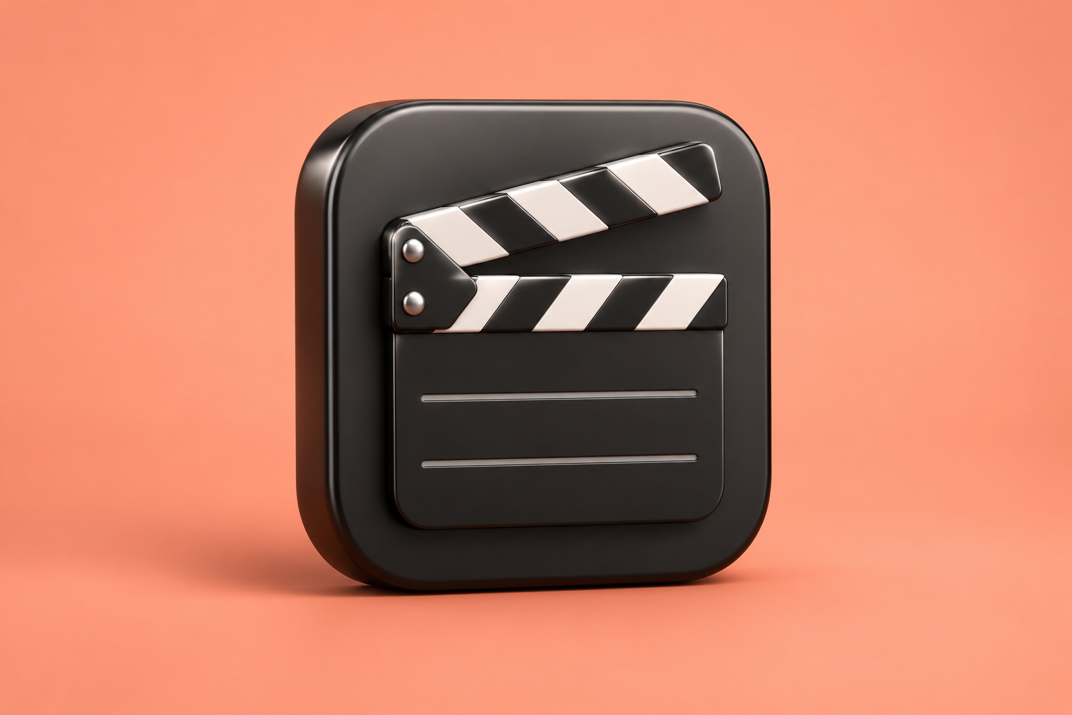 Contextual 3D film clapperboard icon on coral; editorial illustration, not the official app logo.