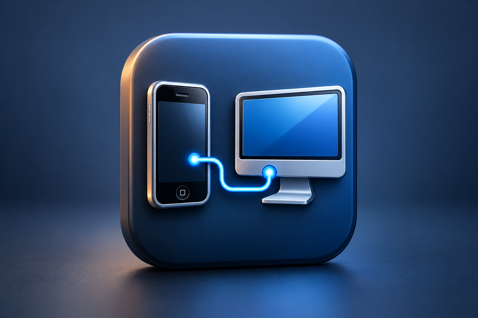 Contextual 3D editorial illustration for RDM+: controlling a Mac or Windows desktop from an early iPhone; not an official app logo or screenshot.
