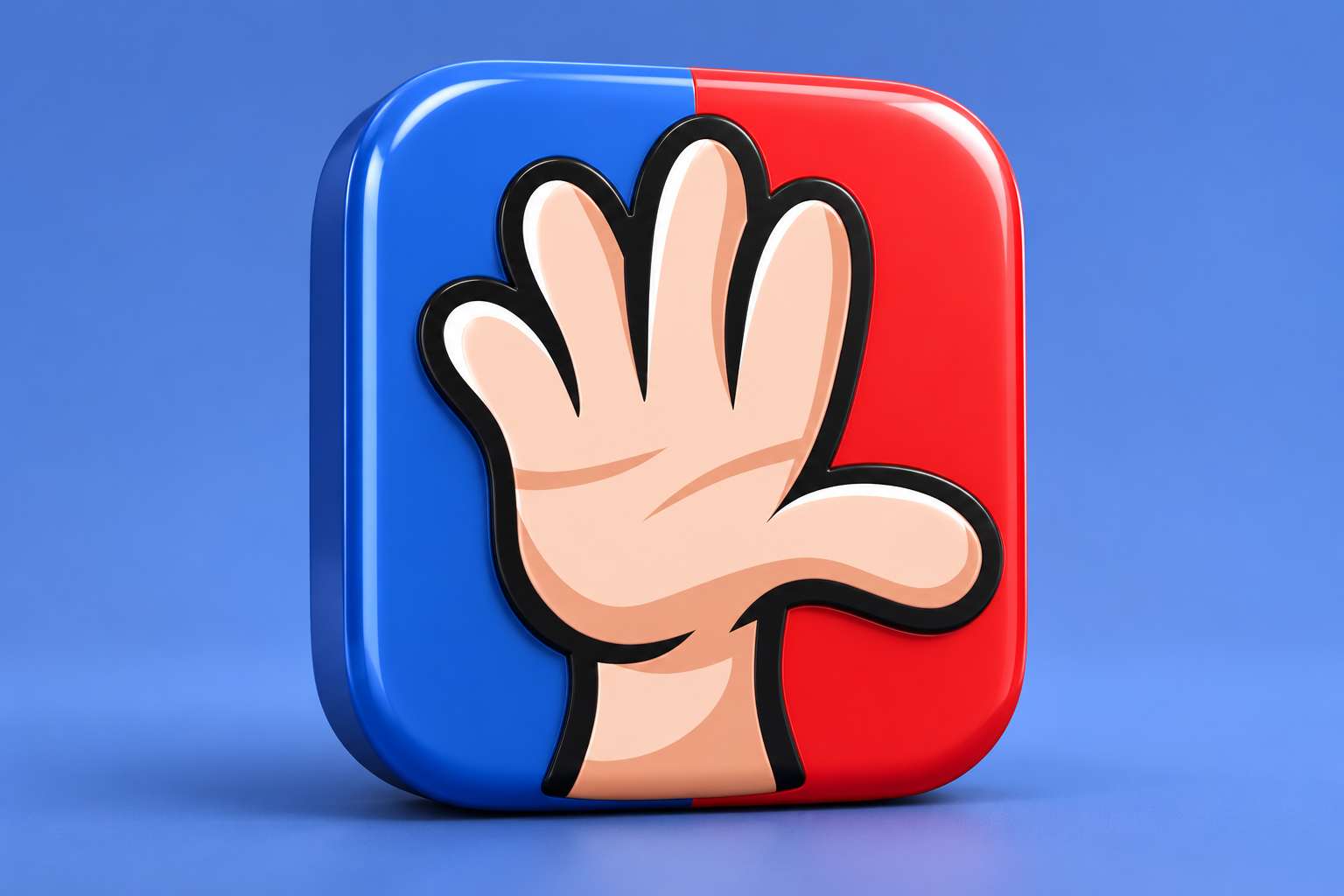 3D editorial render of the verified current Show of Hands app icon on a blue background; illustration for a historical article.