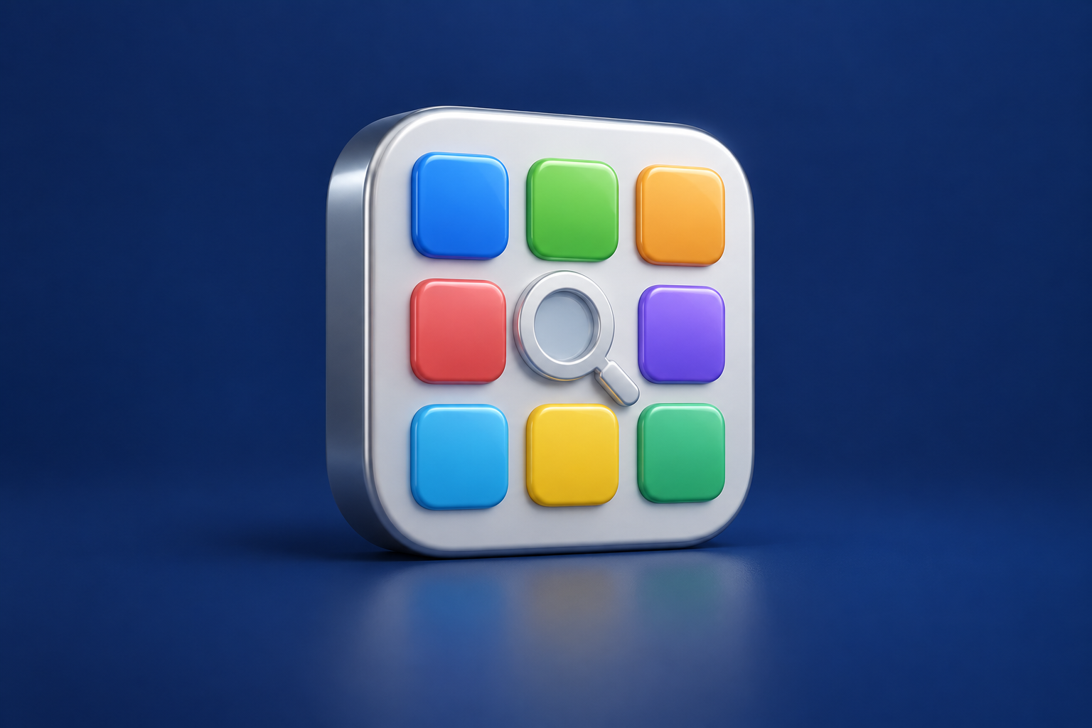 A sculpted 3D app-directory tile with a colorful grid and search motif, illustrating the 2010 iPhoneApplicationList update.