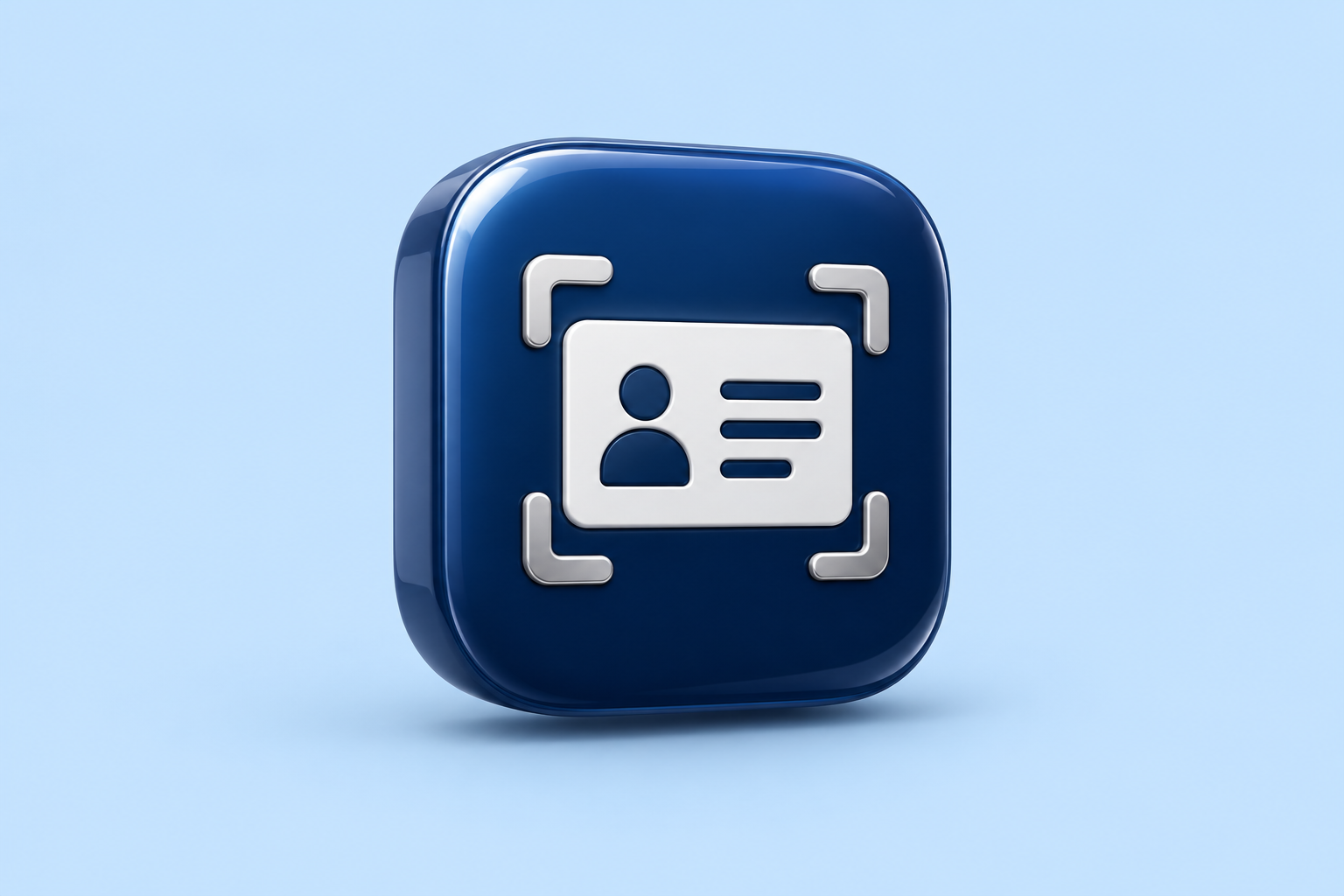 Contextual 3D business-card scanning icon on a pale blue background; editorial illustration, not the official SHAPE app logo.