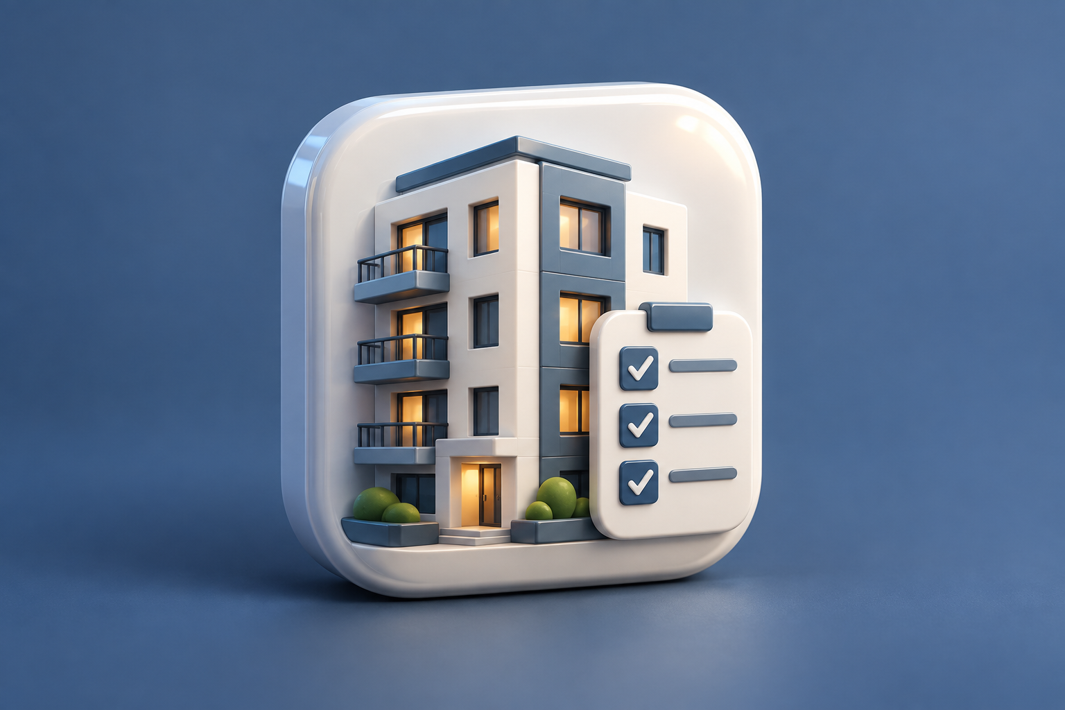 Contextual 3D editorial illustration for Property Manager: buildings, tenants and work orders in an early iPhone app; not an official app logo or screenshot.