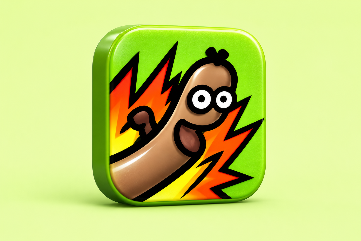 3D interpretation of the historical Hot Dog Down a Hallway app icon: cartoon sausage and orange motion bursts on green.