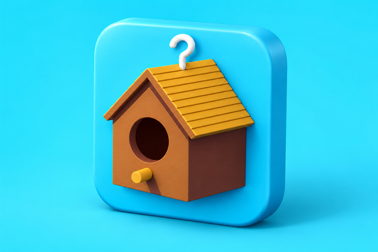 3D interpretation of the official Levers app icon, with a brown birdhouse and yellow roof on a cyan tile.