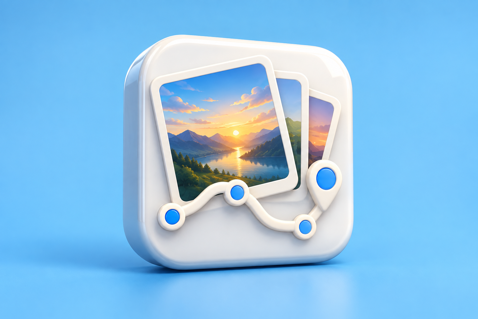 Contextual 3D editorial illustration for Glimpse: time-lapse photographs with a route alongside them; not an official app logo or screenshot.