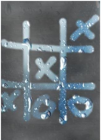 Historical iFog screenshot showing a tic-tac-toe grid drawn through simulated condensation and water droplets.