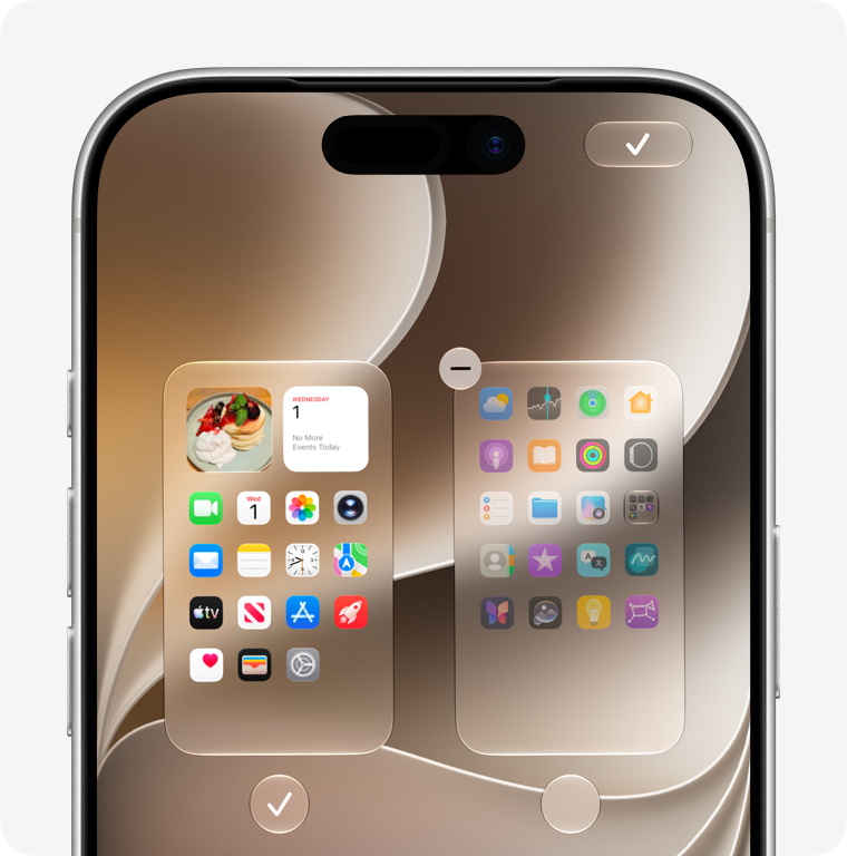 Apple’s iPhone Home Screen editing view showing pages of Apple app icons