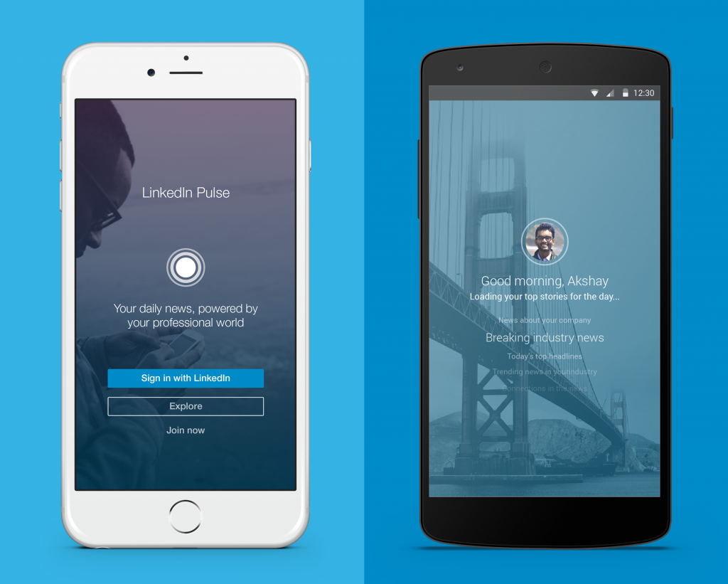 LinkedIn Pulse news cards shown on iPhone and Android in LinkedIn’s June 2015 product announcement.