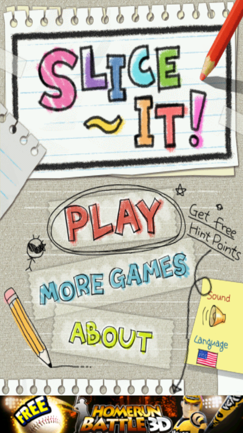 Slice It! title screen with notebook paper, colored-pencil lettering and hand-drawn Play and More Games buttons, as published by Com2uS.