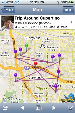 Original TrackinU Universal screenshot showing a Trip Around Cupertino with linked map markers