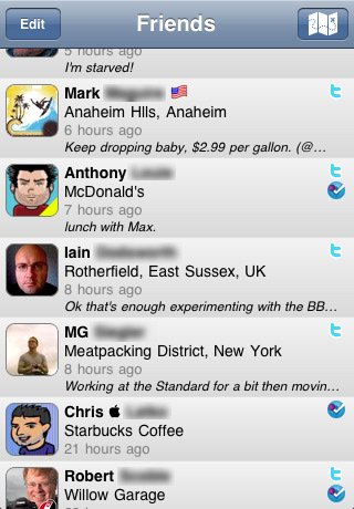Original TwentyThree iPhone screenshot showing friends’ check-ins from several social networks in one list.