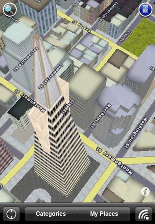 Historical UpNext 3D Cities iPhone screenshot showing a three-dimensional city map and the app’s Categories and My Places controls.